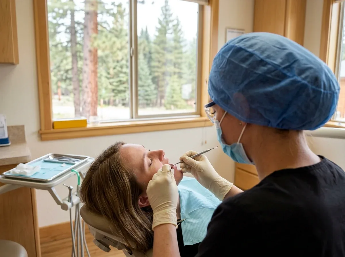 A dental professional examining a patient's teeth using a dental tool by a window.